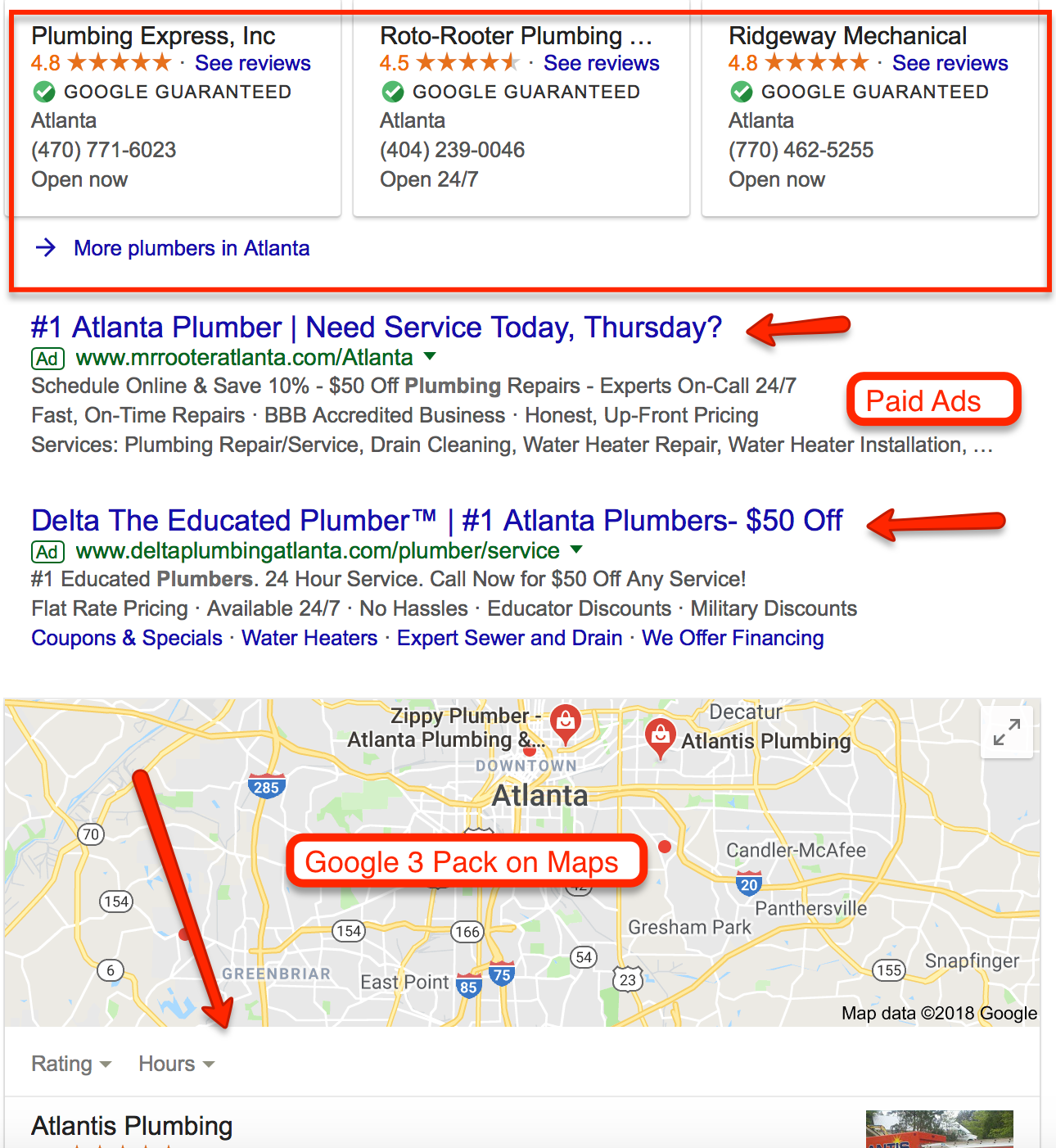Image of Google SERP Showing Listings with Google Guarantee Badge And Google Paid Ads
