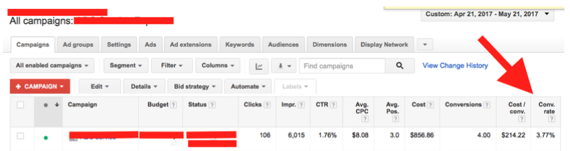 Screenshot form Google Adwords Account